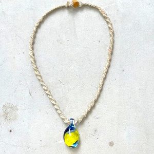 Hemp Necklace With Blue & Yellow Glass Pendant